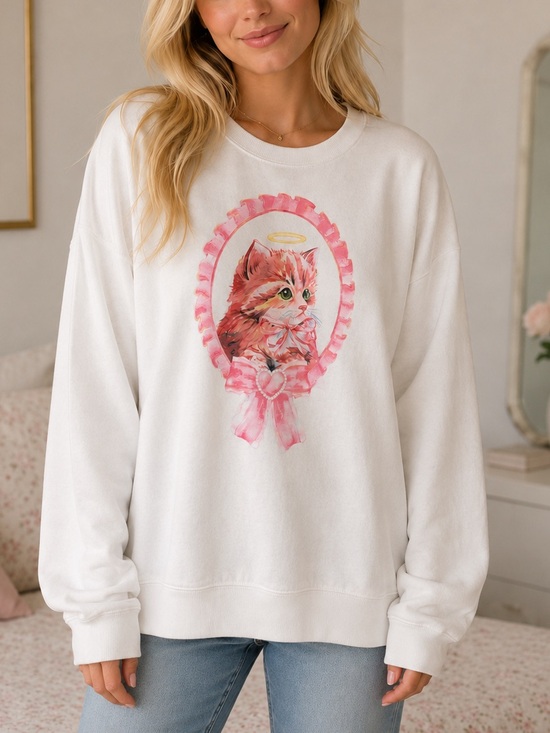 goodie two sleeves Sweaters - Goodie Two Sleeves White Crewneck Sweater with Pink Kitten Graphic